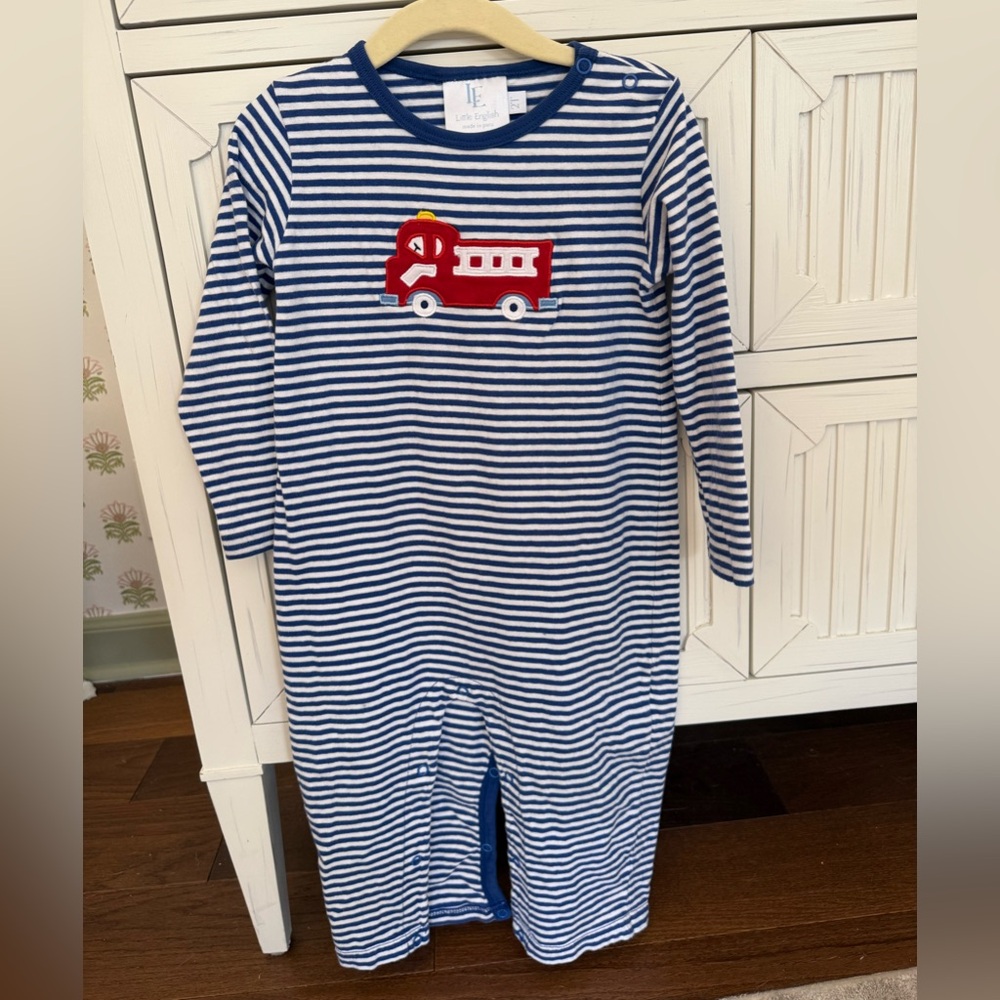 Little English fire engine appliqué blue and white striped romper size 2T